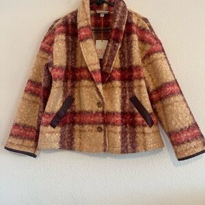 Knox Rose Plaid Shawl-Collar Jacket in Tan, Red & Brown